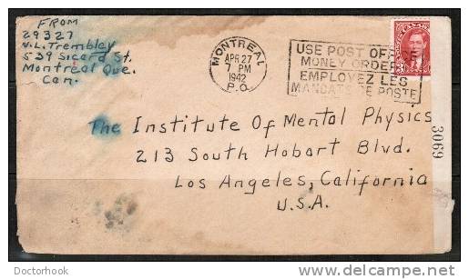 CANADA    Scott # 233 On CENSOR Cover To Los Angeles,CA,USA   (APR/27/1942) - Covers & Documents