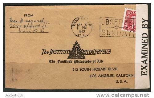 CANADA    Scott # 233 On CENSOR Cover From Vancouver To Los Angeles,CA,USA (APR/8/1942) - Covers & Documents