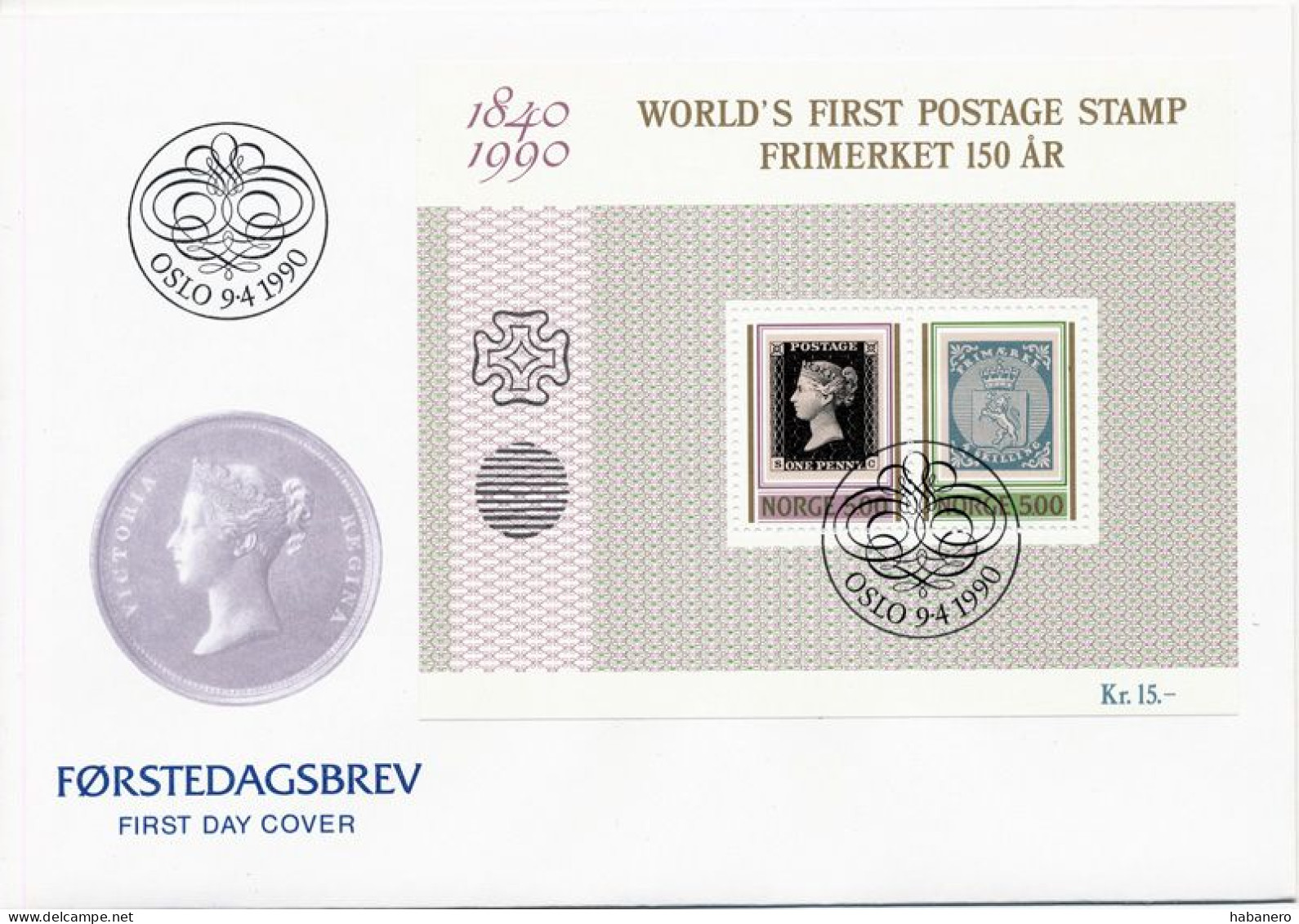 NORWAY 1990 Mi BL 13 150th ANNIVERSARY FIRST POSTAGE STAMP FDC - FDC