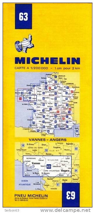 CARTE MICHELIN N°63 NEUVE PATINE SOLDE LIBRAIRIE MANUFACTURE FRANCAISE DES PNEUMATIQUES TOURISME FRANCE 1975 VANNES ANGE - Cartes/Atlas