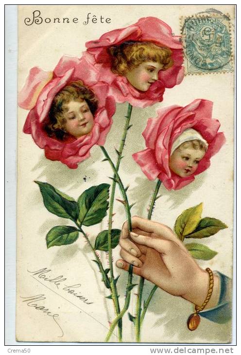 Surréaliste - TETES DE BEBES DANS UN BOUQUET DE ROSES - Main - Gaufrée- Dos Simple - Brodées