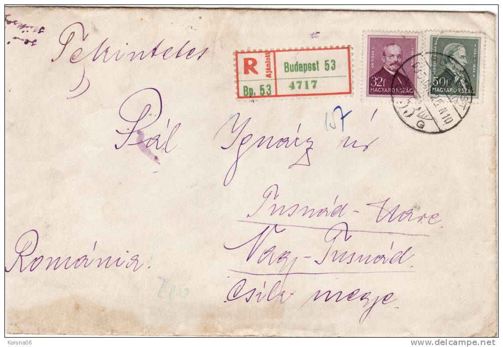 Registered Letter Circulated From Hungary To Romania 1935. Nice Stamps ! - Covers & Documents