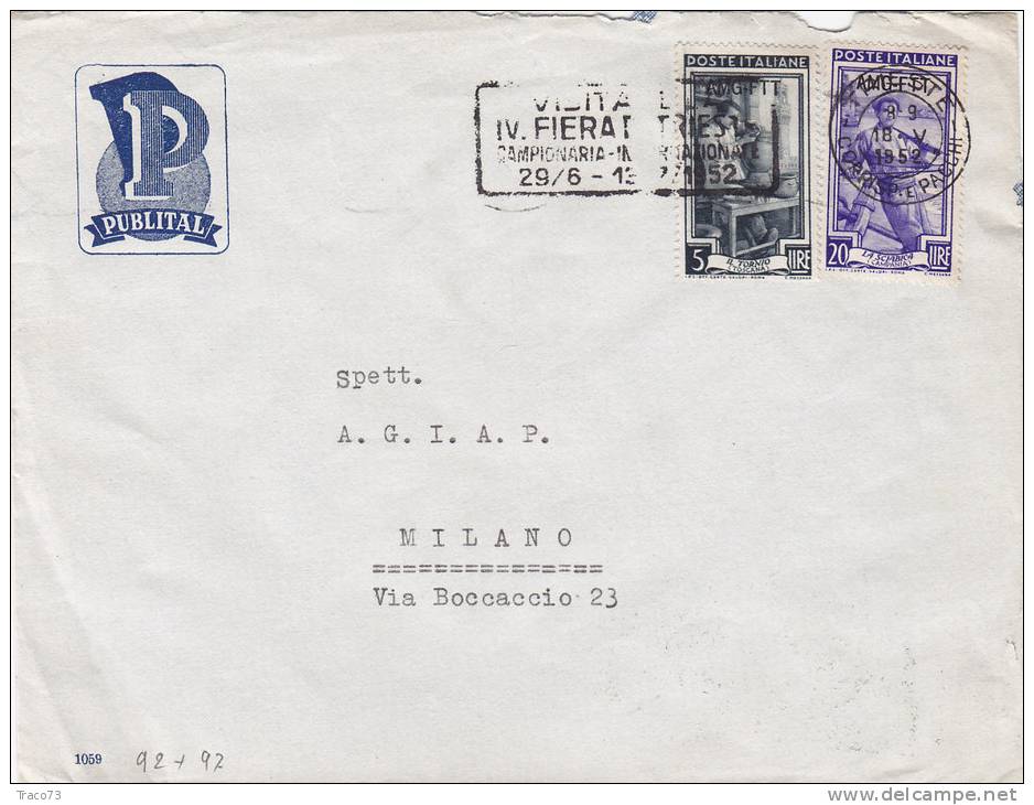 TRIESTE /  MILANO  26.9.1952 - Cover_ Lettera Pubbl. -Annullo A Targhetta -  Italia Al Lavoro  AMG-FTT   Lire 5 + 20 - Storia Postale