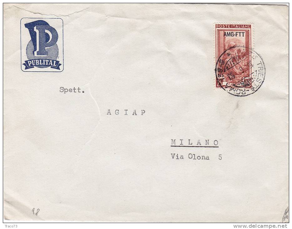 TRIESTE /  MILANO 16.6.1953 - Cover_Lettera Pubbl.- Annullo "AMB. - TS/RM " - Italia Al Lavoro  AMG-FTT  Lire 25 Isolato - Marcophilia