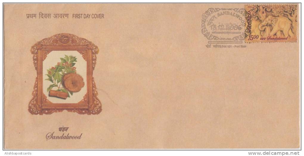 Sandalwood Stamp, Elephant, Medicinal Harb FDC, Special Postmark Of Port Blair, India  Inde Indien As Scan - Elefanten