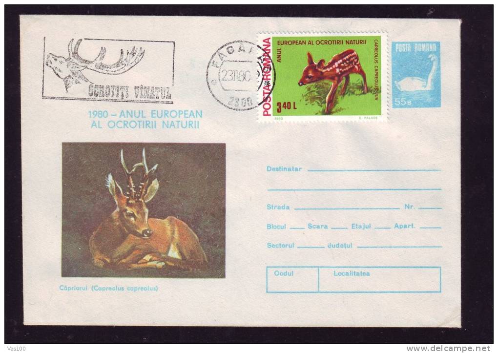 DEER, NATURE PROTECTION, 1980, COVER STATIONERY, ENTIER POSTAL, STAMPS ADITIONAL RARE CACHET!, ROMANIA - Game