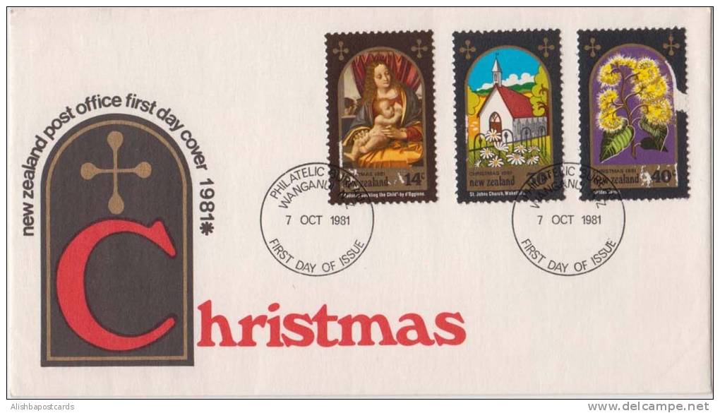 Christmas 7-10-1981, Complete Set With Cachet, Child, Church, Golden Tainui Plant, First Day Cover New Zealand, - FDC