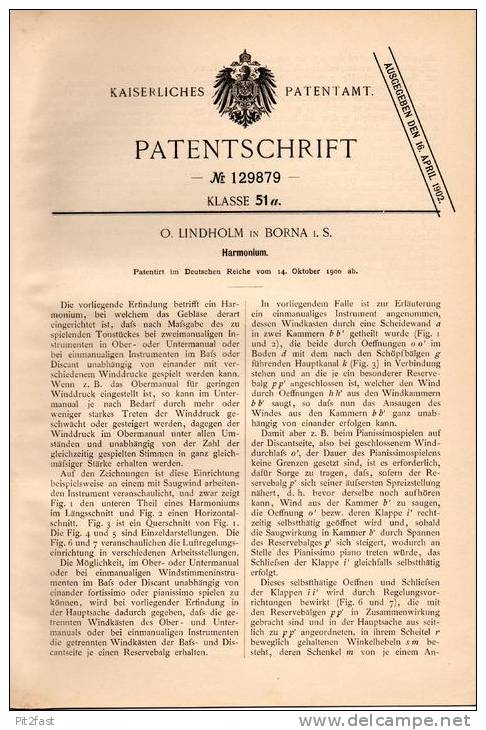 Original Patentschrift - O. Lindholm In Borna I.S., 1900 , Harmonium , Akkordeon , Zieharmonika !!! - Musikinstrumente