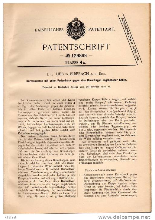 Original Patentschrift - J.G. Lieb In Biberach A.d. Riss , 1901 , Kerzenlaterne , Laterne !!! - Leuchten & Kronleuchter