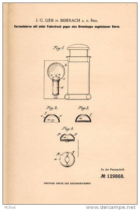 Original Patentschrift - J.G. Lieb In Biberach A.d. Riss , 1901 , Kerzenlaterne , Laterne !!! - Leuchten & Kronleuchter