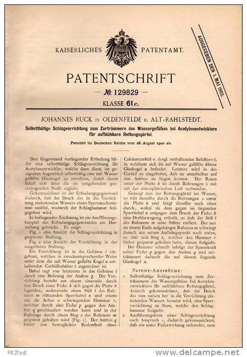 Original Patentschrift - J. Ruck In Oldenfelde B. Alt Rahlstedt , 1900 , Aufblähbarer Rettungsgürtel , Seenotrettung !!! - Historische Dokumente