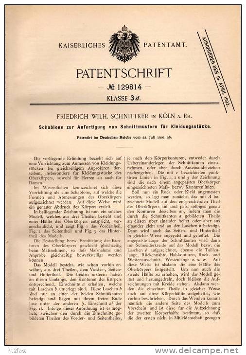 Original Patentschrift - F. Schnittker I Köln A. Rh., 1901 , Schablone Für Schnittmuster Von Kleidung , Schneiderei !!! - Patrons