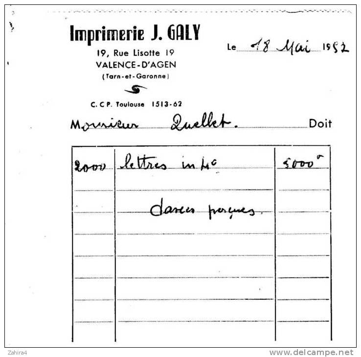 Imp. J. Galy - Valence D´Agen (Tarn Et Garonne) - 2000 Lettres In 4° - 5000 Fr - Plus 1 Feuille - Imprimerie & Papeterie