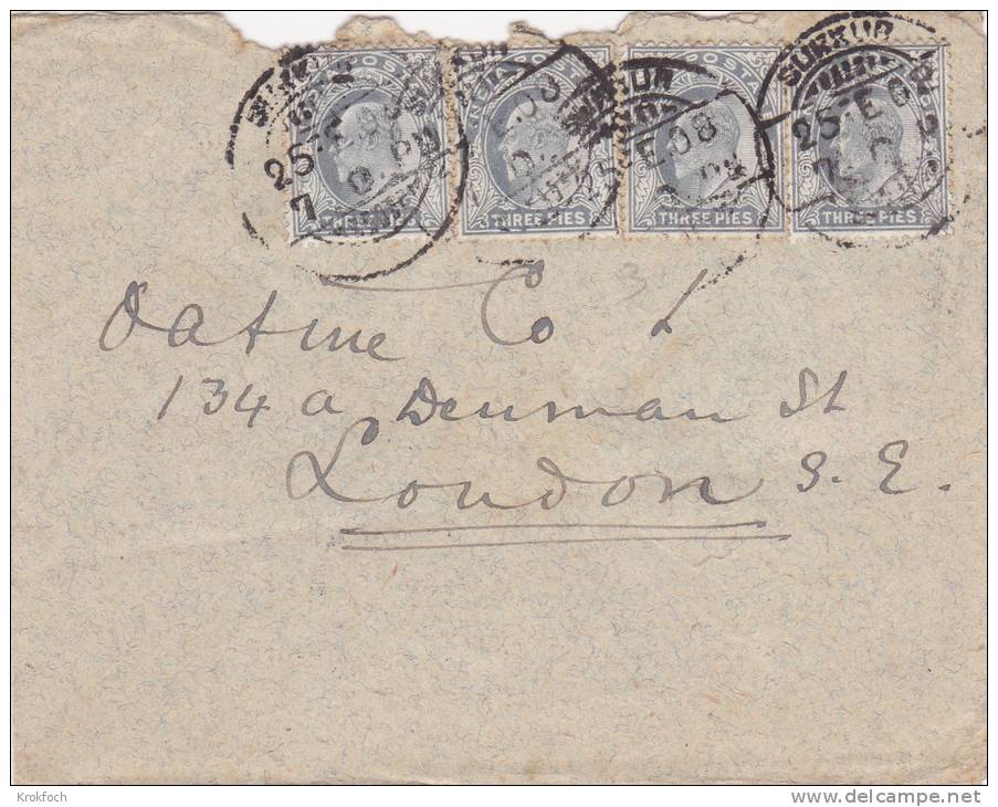 India 1908 Sukkur - Lettre Letter Brief - !!! Déchirure - 1902-11 King Edward VII