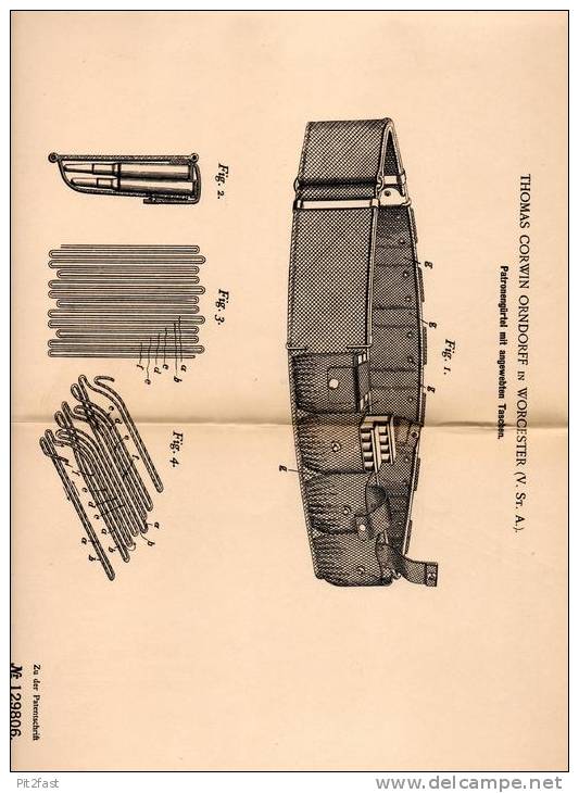 Original Patentschrift - Patronengürtel Mit Taschen , 1900 , T. Orndorff In Worcester , USA , Munition , Patronen !!! - Ausrüstung