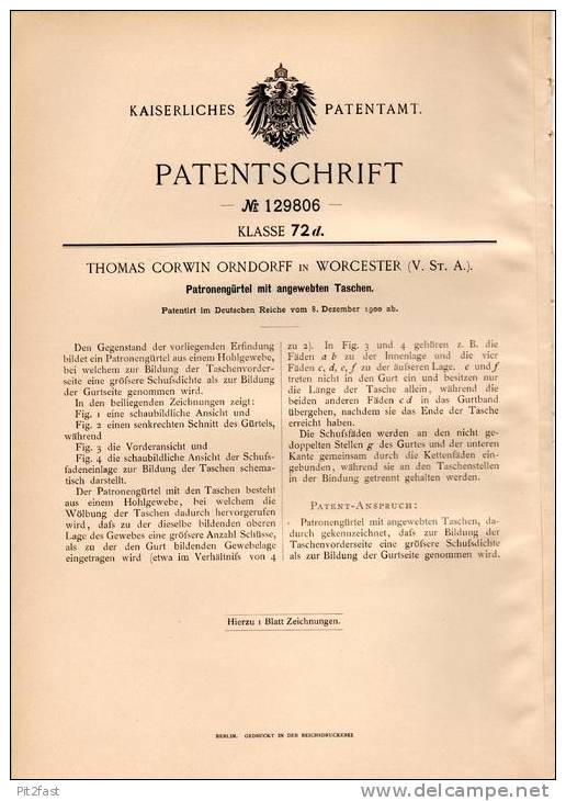Original Patentschrift - Patronengürtel Mit Taschen , 1900 , T. Orndorff In Worcester , USA , Munition , Patronen !!! - Ausrüstung