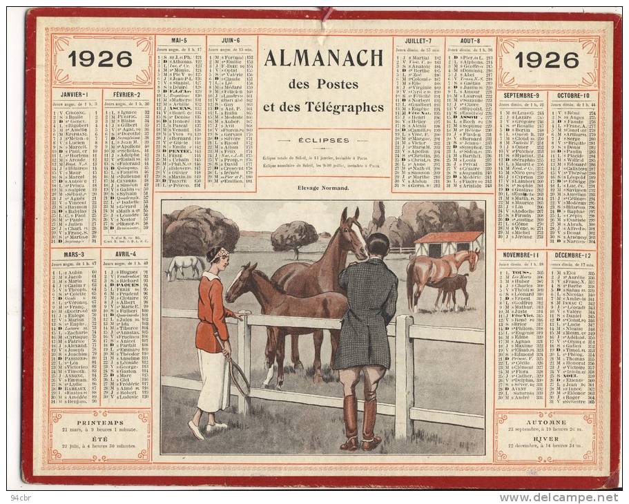 ALMANACH DES POSTES ET DES TELEGRAPHES  (1926) ELEVAGE NORMAND - Tamaño Grande : 1921-40