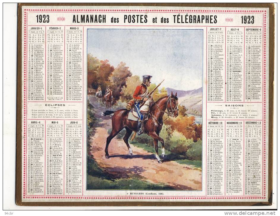 ALMANACH DES POSTES ET DES TELEGRAPHES  (1923) Hussards - Tamaño Grande : 1921-40
