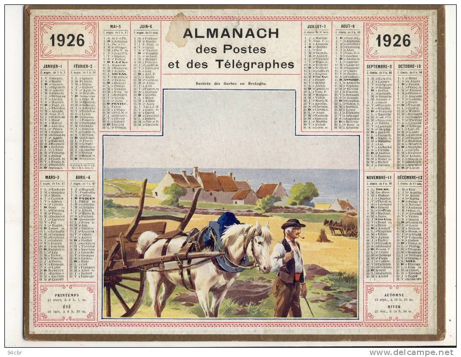 ALMANACH DES POSTES ET DES TELEGRAPHES  (1926) F Rentree Des Gerbes En Bretagne - Formato Grande : 1921-40