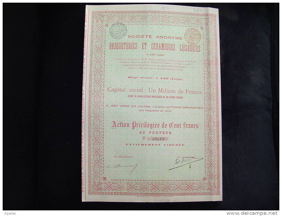 Action "Briqueteries Et Céramiques Liégeoises" Ans (Liège)1899 .Très Bon état,avec Tous Les Coupons - Industrie