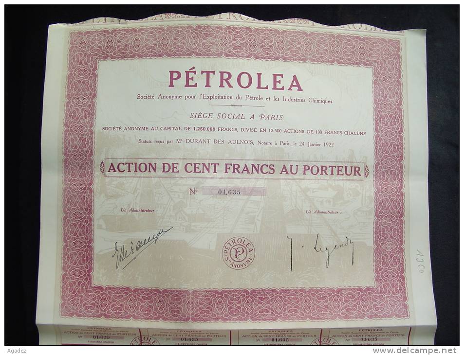 Action "Petroléa"Pétrole Et Industrie Chimique"Paris 1922. Excellent état,avec Tous Les Coupons - Pétrole