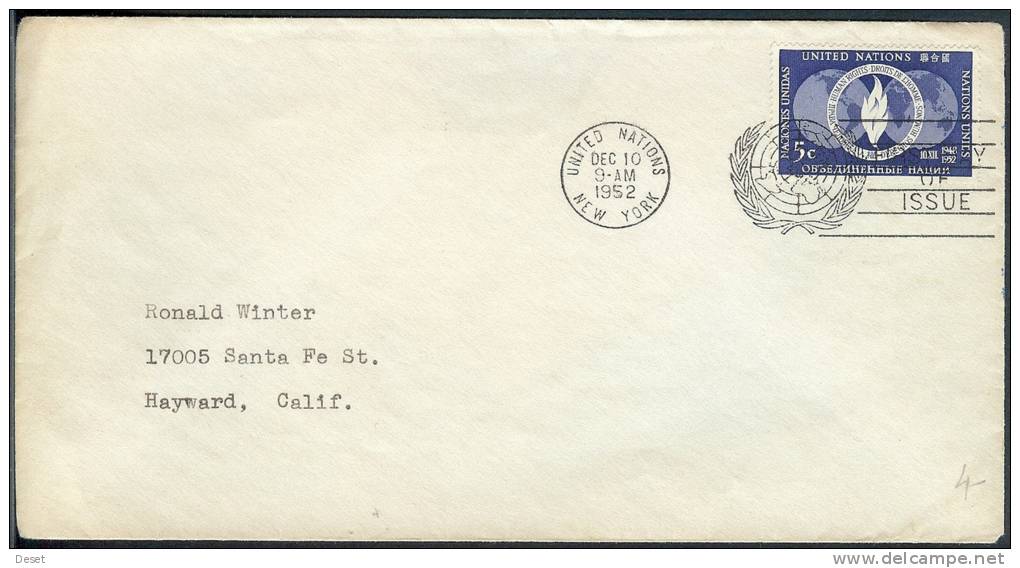 United Nations New York 1952 UNO MiNr. 18 On Travelled Cover First Day Of Issue Cancel - UNO