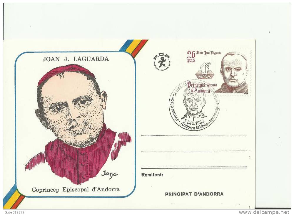 ANDORRA 1983- FIRST DAY CARD CO-PRINCE JOAN J. LAGUARDA SPANISH OFFICE W 1 STAMP OF 26 PTAS POSTM DEC 7 UNUSED - Lettres & Documents