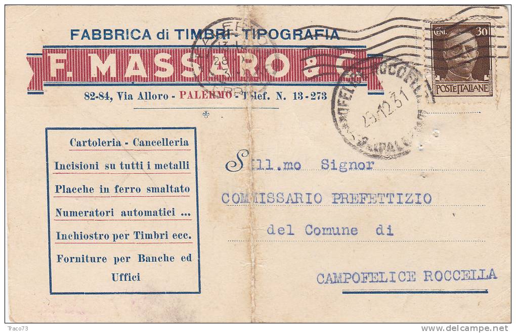 PALERMO /  CAMPOFELICE  29.12.1931 - Card _ Cartolina Pubbl.  " F. MASSARO & C." - Centesimi 30 Isolato - Reclame