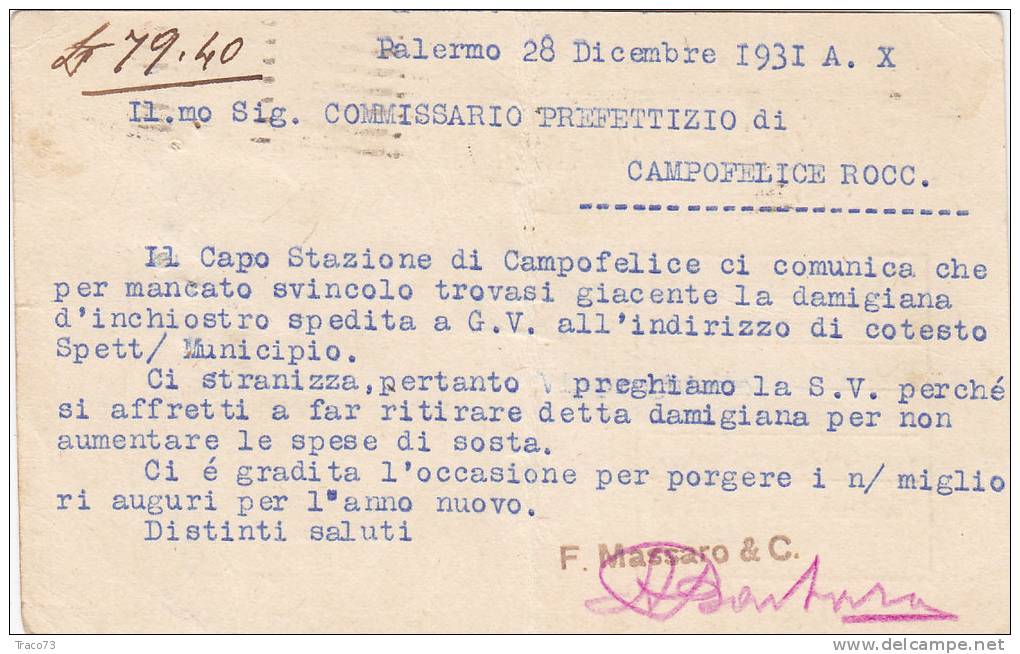 PALERMO /  CAMPOFELICE  29.12.1931 - Card _ Cartolina Pubbl.  " F. MASSARO & C." - Centesimi 30 Isolato - Publicité