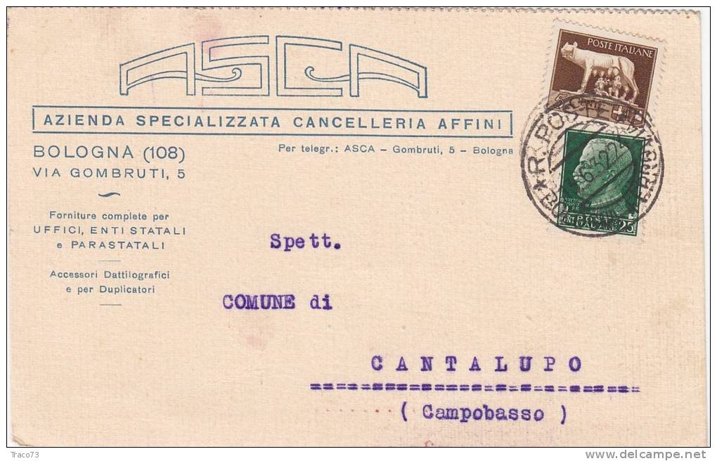 BOLOGNA / CANTALUPO  13.06.1932 - Card _ Cartolina Pubbl.  " A.S.C.A."  - Centesimi 5 + 25 - Publicité