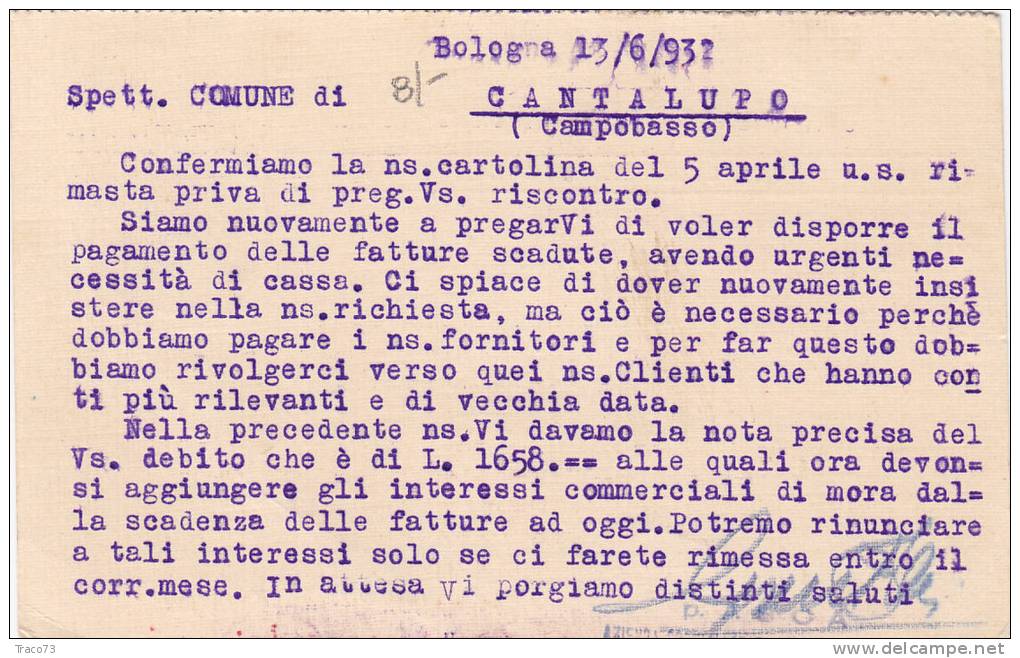 BOLOGNA / CANTALUPO  13.06.1932 - Card _ Cartolina Pubbl.  " A.S.C.A."  - Centesimi 5 + 25 - Reclame