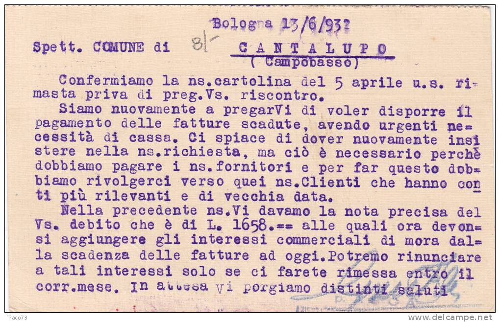 BOLOGNA / CANTALUPO  13.06.1932 - Card _ Cartolina Pubbl.  " A.S.C.A."  - Centesimi 5 + 25 - Publicité