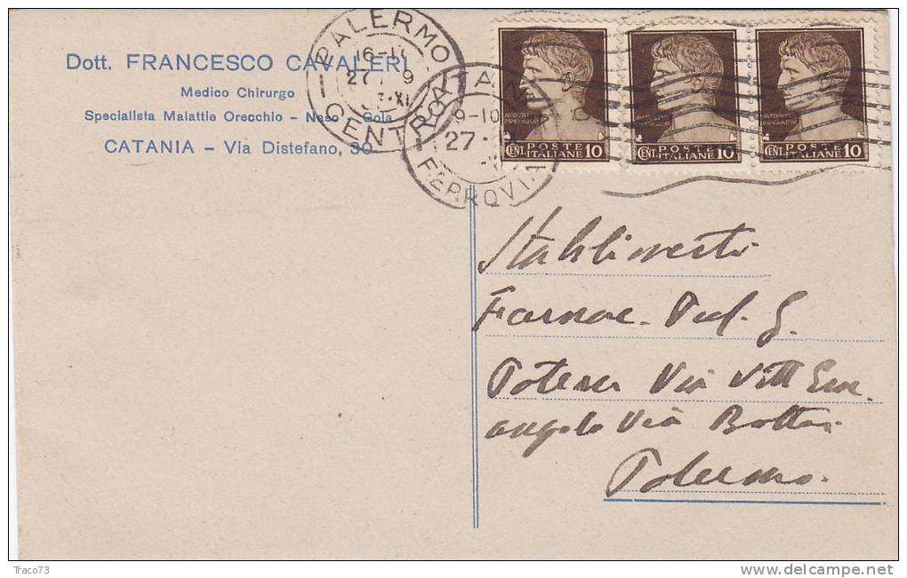 CATANIA / PALERMO  27.9.1933 - Card _ Cartolina Pubbl.  " Dott. F. CAVALERI "  - Centesimi 10 X 3 - Reclame