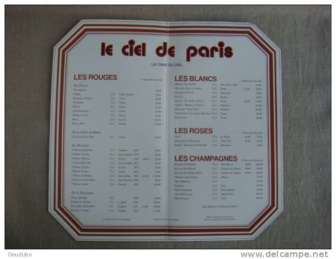 Carte Des Vins Restaurant Le Ciel De Paris Tour Montparnasse  1985. Voir Photos. - Menus