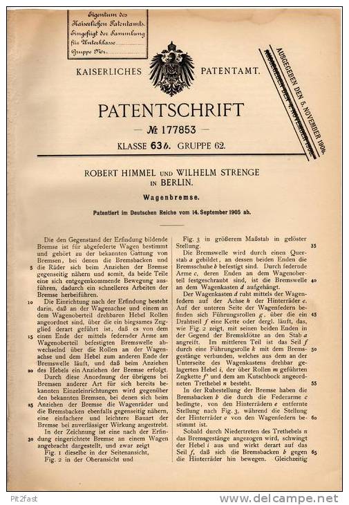 Original Patentschrift - Bremse Für Wagen , Kutsche , 1905 , R. Himmel In Berlin , Pferdekutsche , Droschke !!! - Sonstige & Ohne Zuordnung