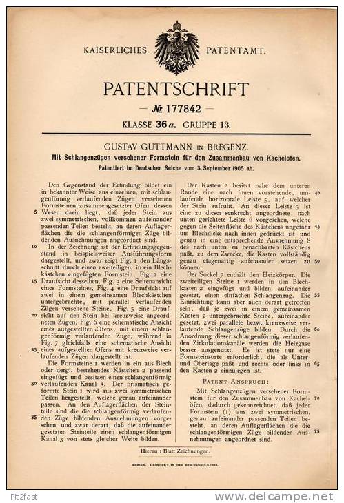 Original Patentschrift - G. Guttmann In Bregenz , 1905 , Formstein Für Kachelofen , Ofen !!! - Architektur