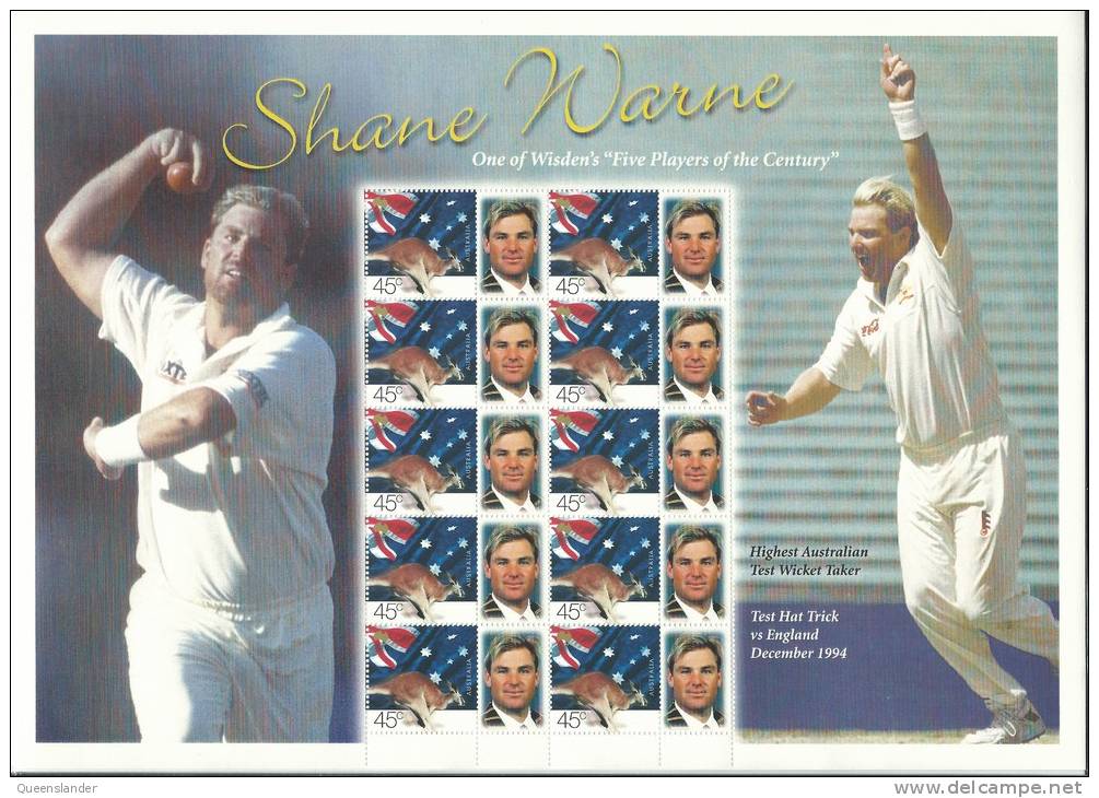 2001 Issue Shane Warne Highest Australian Wicket Taker 10 X 45 Cent Stamps With Special Tags Large Sheet  Mint Unhinged - Blocks & Sheetlets