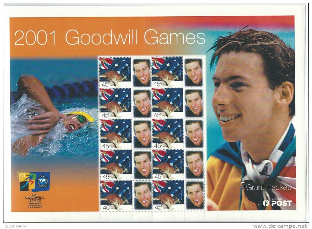 2001 Goodwill Games Grant Hackett 10 X 45 Cent Stamps With Special Tags Large Sheet  Mint Unhinged - Blocks & Sheetlets