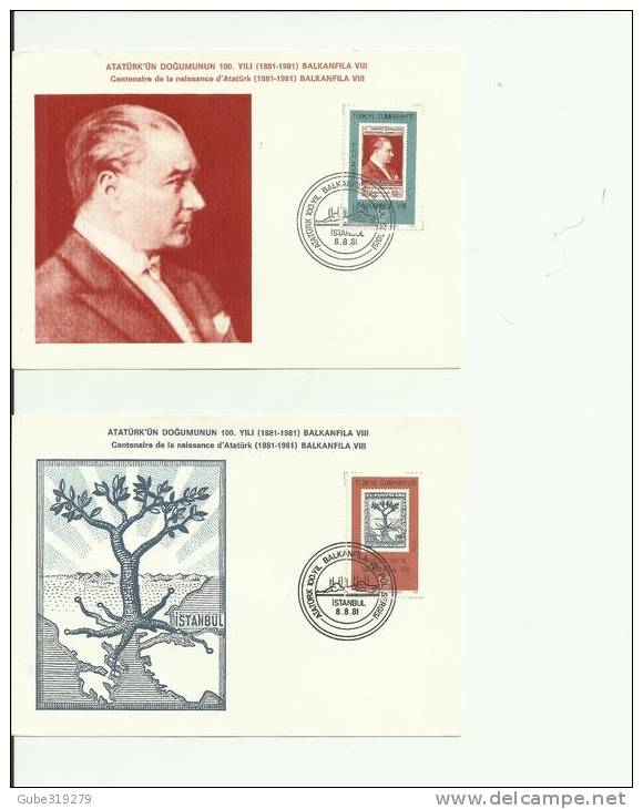 TURKEY 1981 – SET OF 2 POSTAL CARDS 100 YEARS ATATURK BIRTH – BALKANFILA STAMP EXHIBITION EACH  W 1 ST OF 50 LS – ISTAMB - Storia Postale