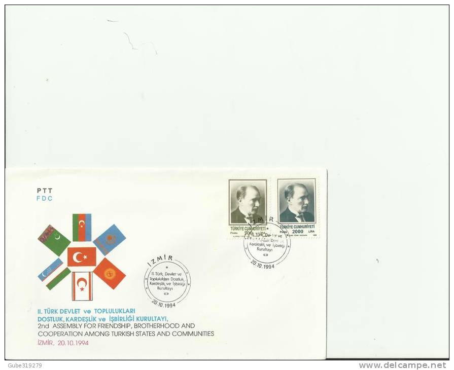 TURKEY 1994 -FDC 2ND ASSEMBLY FOR FRIENDSHIP & COOPRATION AMONG TURKISH STATES W 2 STS OF 500-2000 LS IZMIR OCT 20 RE20 - Covers & Documents