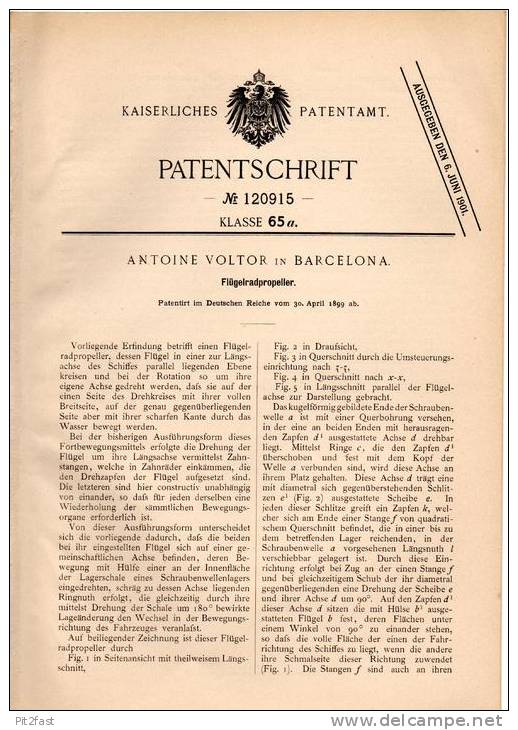 Original Patentschrift - A. Voltor In Barcelona , 1899 , Flügelrad - Propeller Für Schiffe , Schiff !!! - Other & Unclassified