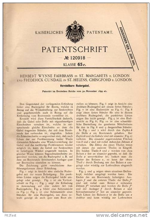 Original Patentschrift - F. Cundall In St. Helens , Chingford Und St. Margarets , 1899 , Verstellbare Rudergabel , Boot - Other & Unclassified