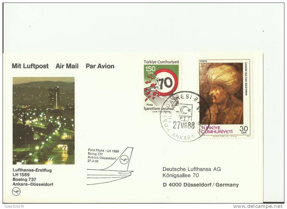 TURKEY 1988 -FDC CARD  FIRST FLIGHT LUFTHANSA LH 1589- B 737 BOEING ANKARA-DUSSELDORF ADDRESSED W 2 STS OF 30-150 LS ANK - Covers & Documents