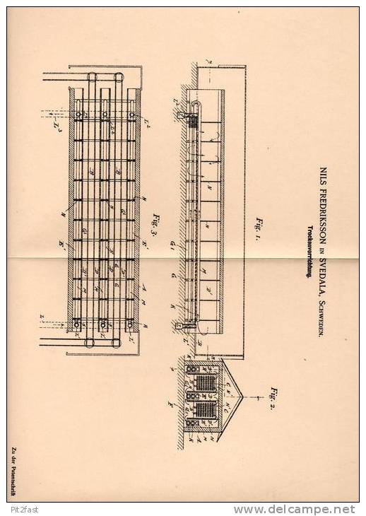 Original Patentschrift - N. Fredriksson In Svedala , Schweden , 1899 , Trockenvorrichtung ,für Ziegel , Ziegelei !!! - Architettura