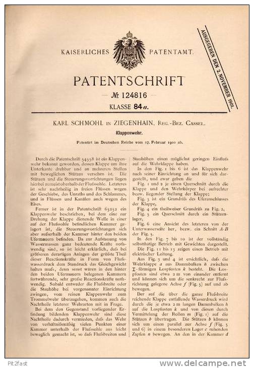 Original Patentschrift - K. Schmohl In Ziegenhain , Bez. Cassel , 1900 , Klappenwehr , Wehr , Stau , Staudamm, Fluss !!! - Architectuur