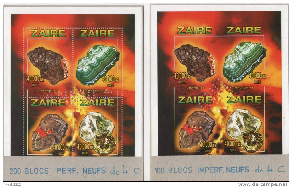 Zaire 1996 COB BF 75/A. Minéraux. Blocs Dentelé Et Non Dentelé Perforés "annulé" Collés Sur Carton Par L´imprimeur - Mineralen