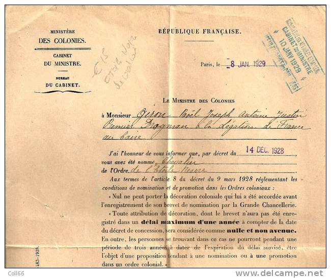 1929  Nomination De Chevalier De L'Ordre De L'Etoile Noire à Giron Joseph à  Légation Caire Postage Inclus Pour L'Europe - Frankreich