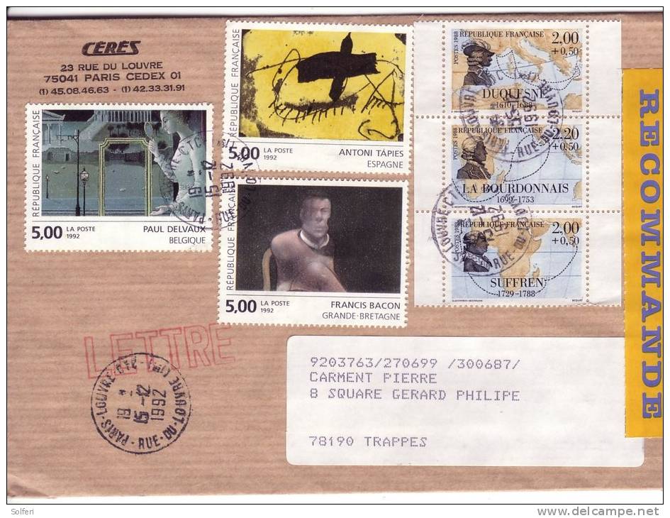 FRANCE.  Lettre Recommandée De 1992, Cover, Letter, Tableau, Painting BACON, DELVAUX, TAPIES, N° 2779, 2781/82 - Covers & Documents