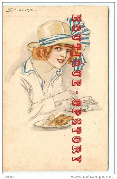 MAUZAN - Femme Au Chapeau Au Petit Déjeuner - Dos Scané - Mauzan, L.A.