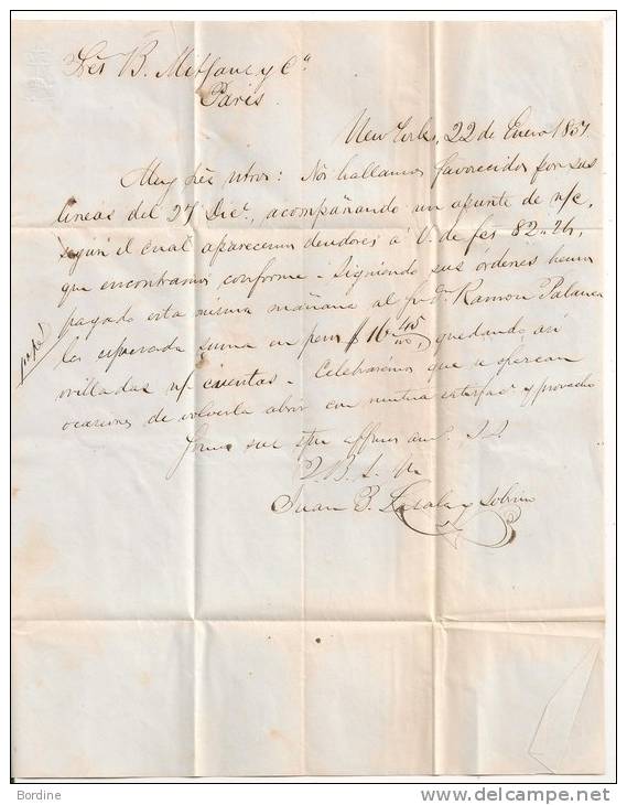 Lettre - ETATS UNIS - NEW YORK - PORT DU TAXEE - COLONIES ART 13 - 1857 - …-1845 Prephilately